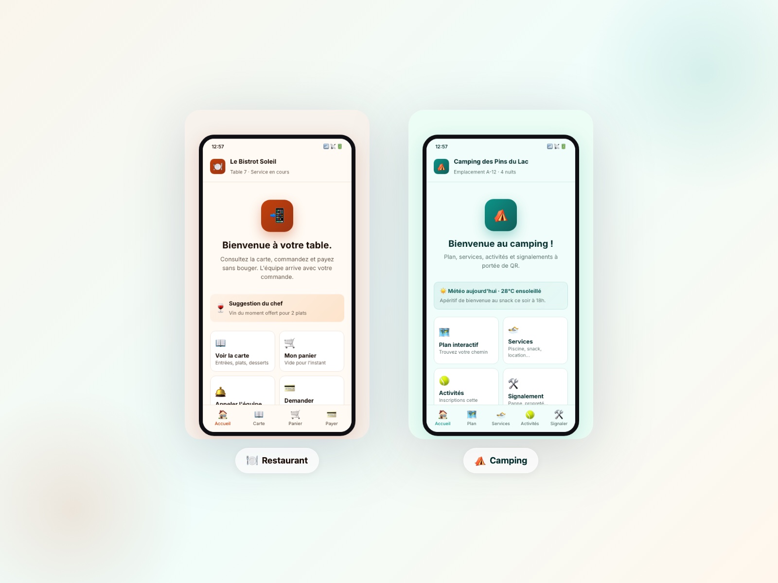 Captures de la plateforme : vues Restaurant et Camping côte à côte
